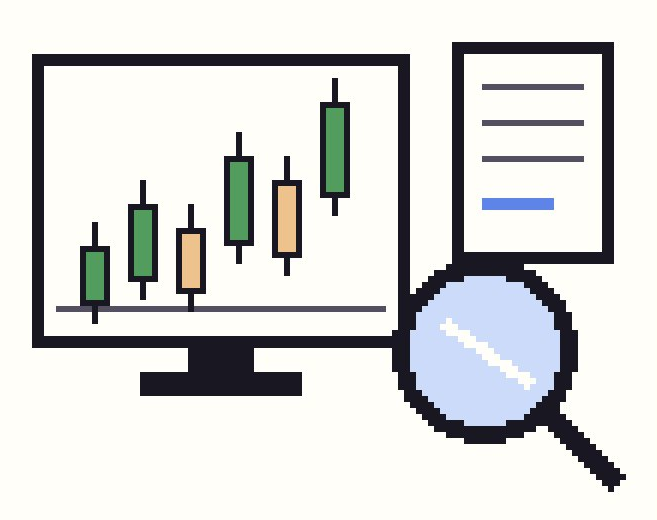 Pixel monitor with a candlestick chart, a report, and a magnifying glass
